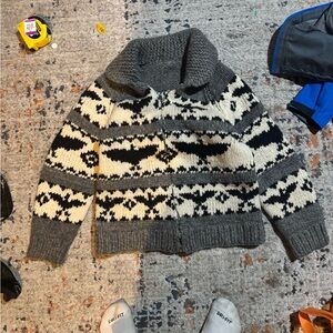 Vintage Hand Knit 100% Wool Cowichan Siwash Sweater Jacket Thunderbird